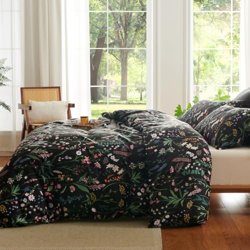 CCoutueChen Floral Duvet Cover Queen Black 3 Pieces Elegant Botanical Flower Bedding Set Farmhosue Aesthetic Bedding Soft Microfiber Duvet Cover Set with 2 Pillowcases - Image 3