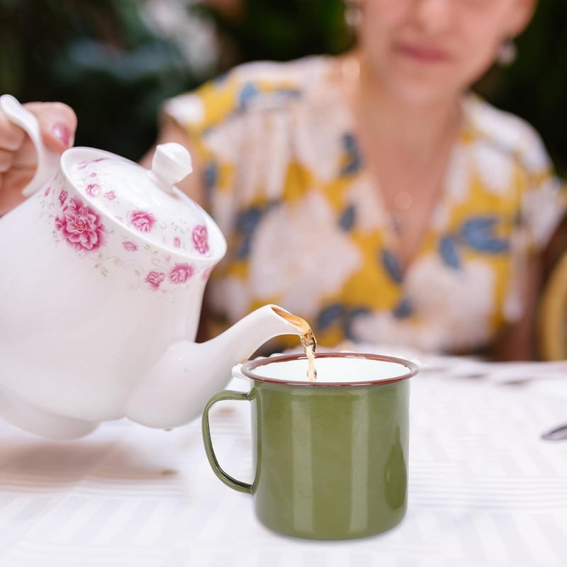 كوب شرب من الإينامل بلون أخضر رترو مع غطاء، كوب شاي أخضر عسكري قديم بقطر 10 سم، كوب ماء متين للاستخدام المنزلي والخارجي. - Image 5
