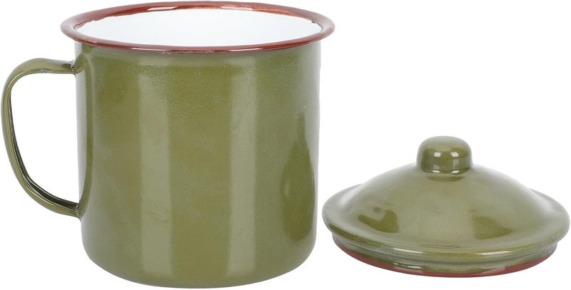 كوب شرب من الإينامل بلون أخضر رترو مع غطاء، كوب شاي أخضر عسكري قديم بقطر 10 سم، كوب ماء متين للاستخدام المنزلي والخارجي. - Image 1