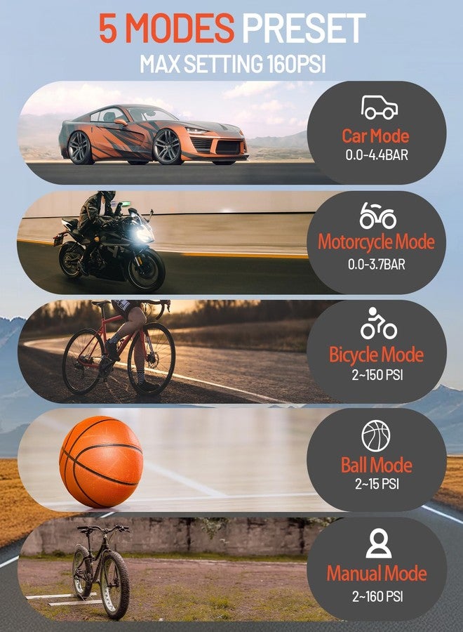 BDO 2025 Tire Inflator Portable Air Compressor, 150PSI Cordless Air Pump with LCD Display & Auto Shut-Off, for Car, Motorcycle, Bike Tires & Sports Balls（Black） - Image 3