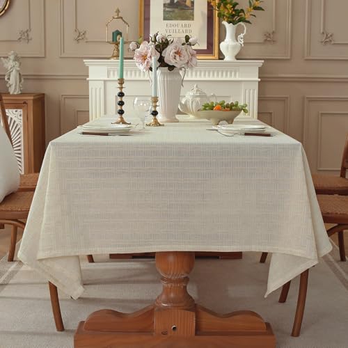 QDTTSRY Natural Linen Cottton Tablecloth ,Rectangle Rustic Elegant Tablecloth, Textured Jacquard Neutral Fabric, Washable Table Cover for for Dining Table Farmhouse Kitchen Party (Grid-Weave, 70" x 55") - Image 2