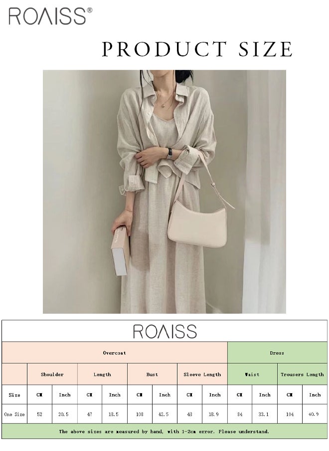 roaiss - 2-Piece Dress Shirt Set V-Neck Casual Thin Shoulder Strap Dress+Button Open Long Sleeved Lapel Shirt - Image 1
