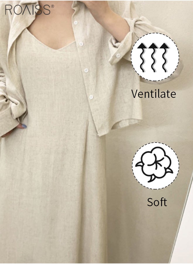 roaiss - 2-Piece Dress Shirt Set V-Neck Casual Thin Shoulder Strap Dress+Button Open Long Sleeved Lapel Shirt - Image 1