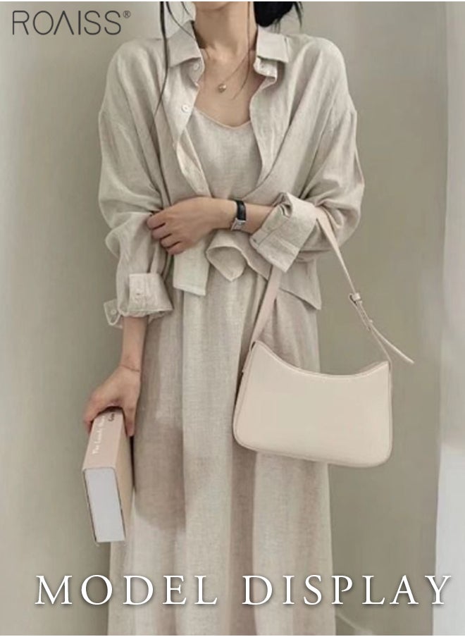 roaiss - 2-Piece Dress Shirt Set V-Neck Casual Thin Shoulder Strap Dress+Button Open Long Sleeved Lapel Shirt - Image 1