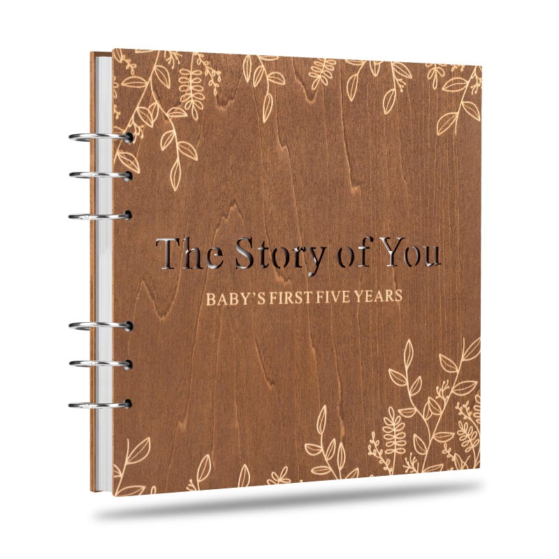 Creawoo Wooden Keepsake Baby Memory Book Boys & Girls, First 5 Years Baby Book Journal Memory Album Photo Book, Gender Neutral Baby Milestone Scrapbook from Pregnancy to Age 5, Keepsake Gift for New Parents - Image 1