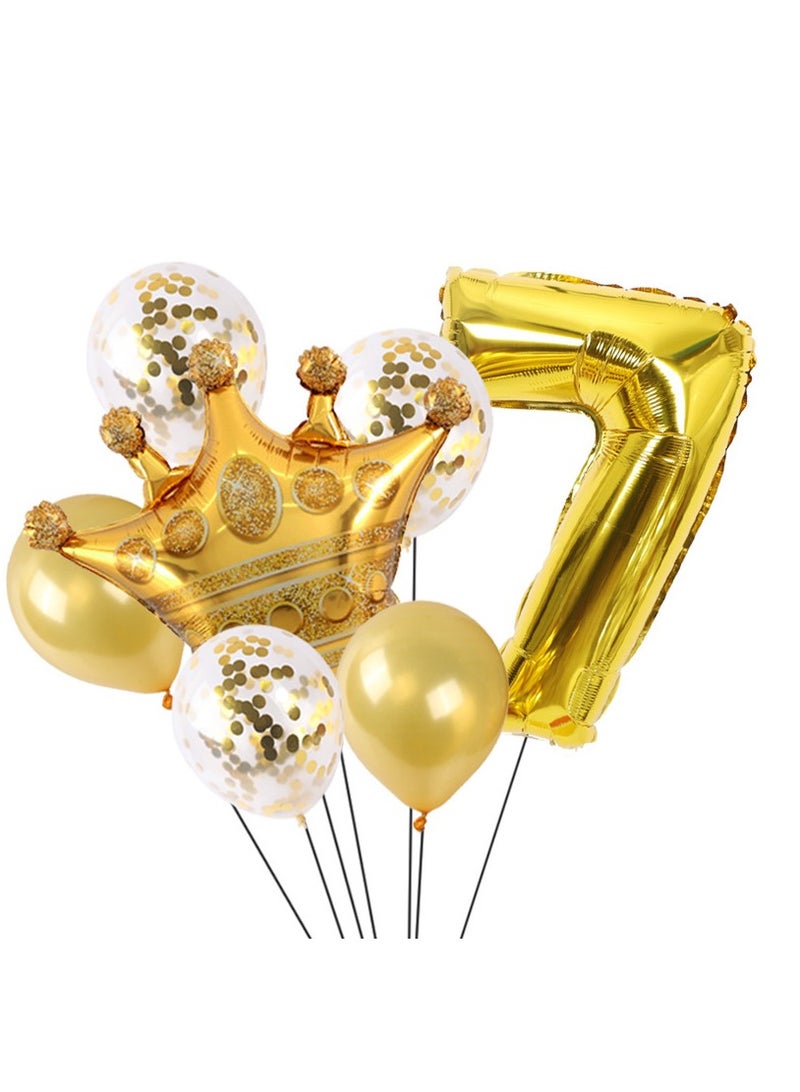 Party 8-piece set for 7st birthday party anniversary decoration party supplies includes gold number 7 balloon, large gold crown foil balloon set, 12-inch sequin balloon, 12-inch gold balloon  - Image 1
