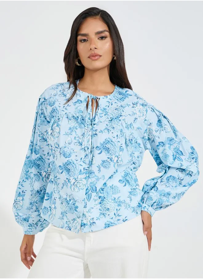 Styli Tie-Up Neck Floral Print Blouse