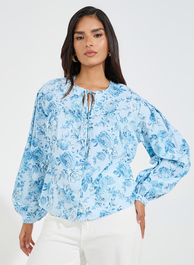 Styli Tie-Up Neck Floral Print Blouse - Image 1