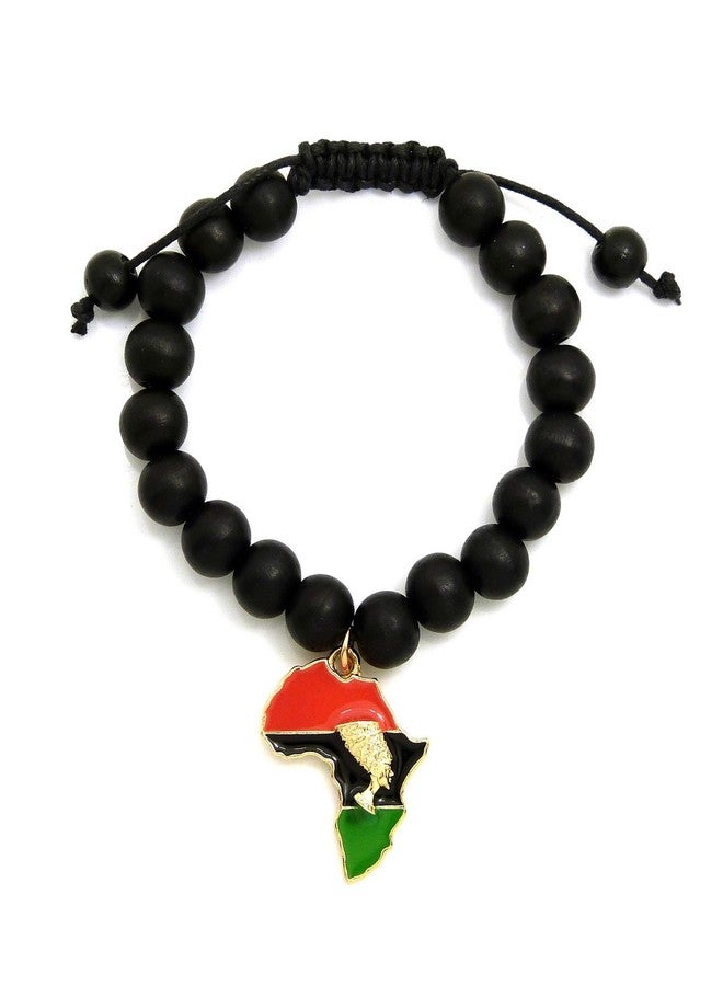 CBC Crown Pan African Colored Africa Map Continent Charm with Egyptian Symbols Adjustable Wooden Bead Bracelet (#49 10mm Black) - Image 1