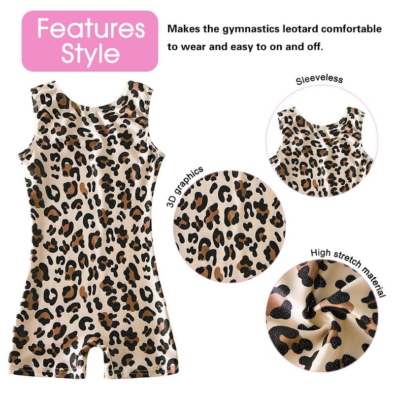uideazone Stylish Leotards for Girls Size 8 9 Leopard Pattern Gymnastics Biketards Kids Children Dance Unitards with Shorts - Image 2