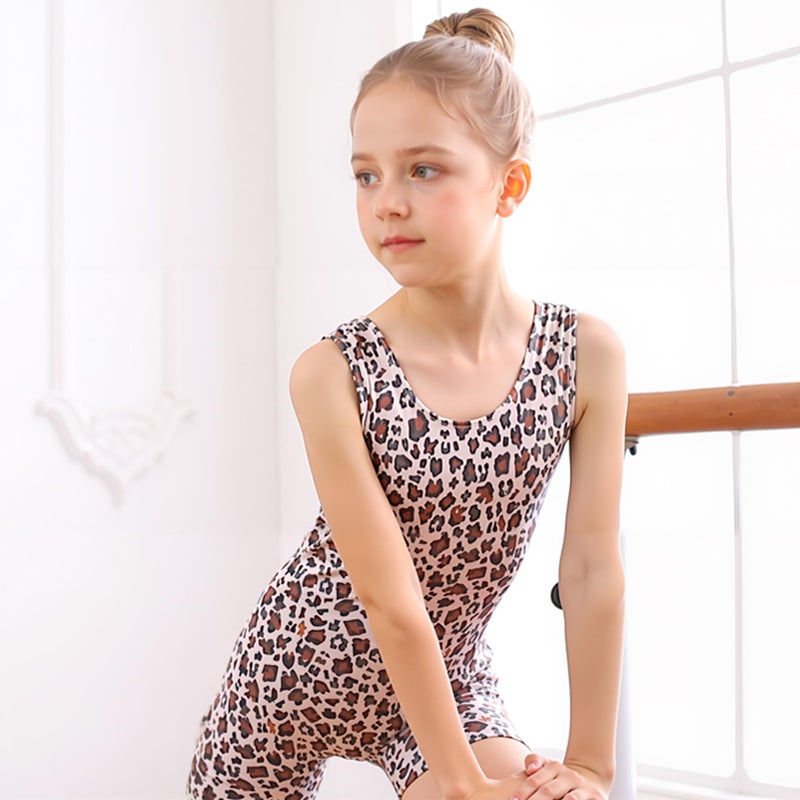 uideazone Stylish Leotards for Girls Size 8 9 Leopard Pattern Gymnastics Biketards Kids Children Dance Unitards with Shorts - Image 3