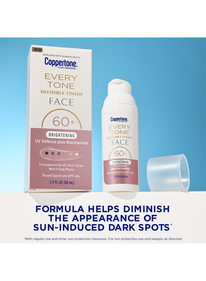 واقي شمسي للوجه من Coppertone Every Tone Invisible Finish Brightening UV Defense SPF 60+ مع النياسيناميد، خفيف الوزن، يمتزج مع واقي شمسي شفاف لجميع ألوان البشرة، زجاجة مضخة سعة 1.7 أونصة سائلة - Image 2