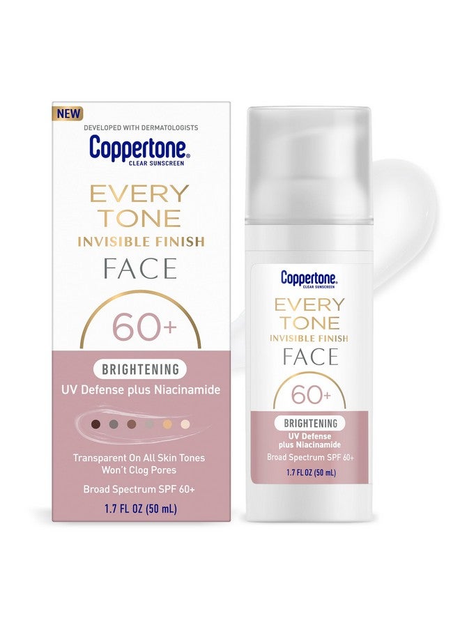 واقي شمسي للوجه من Coppertone Every Tone Invisible Finish Brightening UV Defense SPF 60+ مع النياسيناميد، خفيف الوزن، يمتزج مع واقي شمسي شفاف لجميع ألوان البشرة، زجاجة مضخة سعة 1.7 أونصة سائلة - Image 1