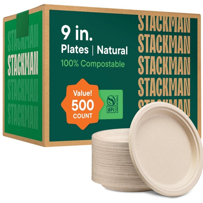 100 COMPOSTABLE PAPER PLATES 9 INCH 500 COUNT HEAVYDUTY DINNER PLATES NATURAL BROWN COLOR UNBLEACHED BAGASSE ECOFRIENDLY DISPOSABLE BIODEGRADABLE SUGARCANE PLATES BULK CASE 4125 PACK