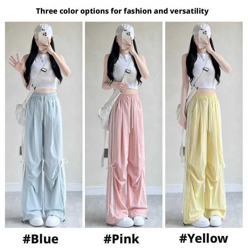 Women's Blue Bow Cargo Pants Wide Leg High Waist Quick Dry - Image 4