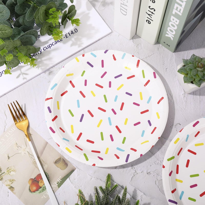 Whaline Confetti Sprinkle Paper Plate Cute Donut Disposable Plate Dessert Dinnerware Plate 9 Inch For Birthday Party Supplies Table Decor, 24Pcs - Image 4