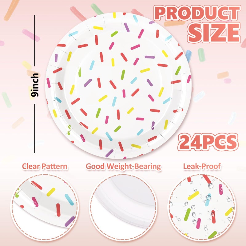 Whaline Confetti Sprinkle Paper Plate Cute Donut Disposable Plate Dessert Dinnerware Plate 9 Inch For Birthday Party Supplies Table Decor, 24Pcs - Image 2