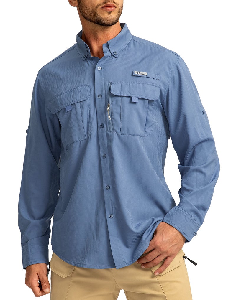 Pudolla Men's Sun Protection Fishing Shirts Long Sleeve Travel Work Shirts for Men UPF50+ Button Down Shirts with Zipper Pockets(Mallard Blue X-Large) - Image 1