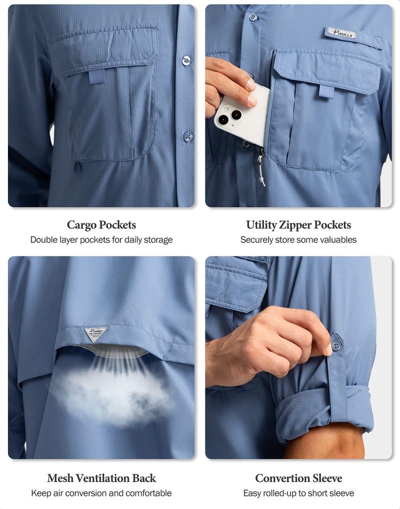 Pudolla Men's Sun Protection Fishing Shirts Long Sleeve Travel Work Shirts for Men UPF50+ Button Down Shirts with Zipper Pockets(Mallard Blue X-Large) - Image 5