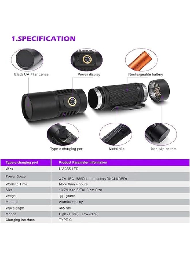UV Blacklight Flashlight, 365nm UV Flashlight, Rechargeable, Ideal for Curing Resin and Detecting Dry Spots, Indispensable for Hotel Cleaning and Pest Control - Image 4
