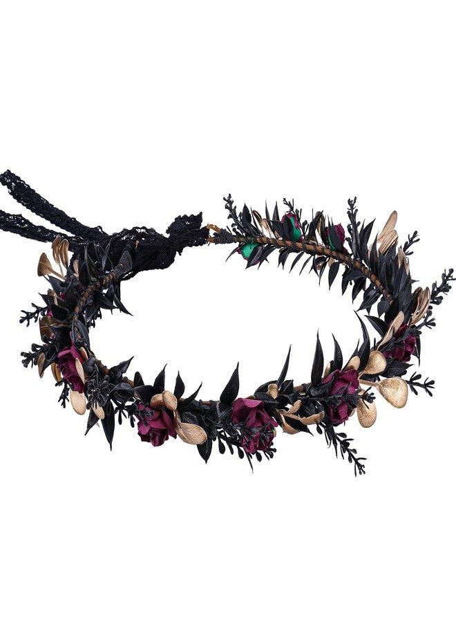 MOSTORY Elf Black Flower Crown - Fairy Headband Gothic Floral Headpiece Dark Elven Tiara for Renaissance Halloween Renfaire Costume Women Cosplay - Image 1
