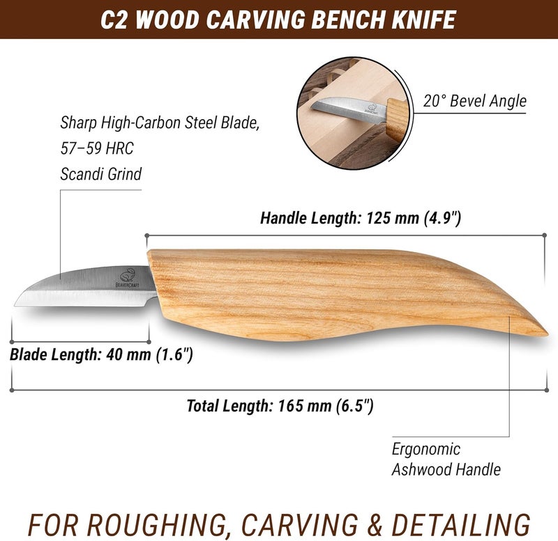 BeaverCraft Whittling Knife C2 16.5 cm - Wood Chip Carving Knife for General Purpose - Detail Whittling Knives Carbon Steel - Wood Carving Tools for Beginners - Image 2