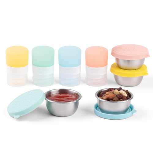MICEBAY 8-Pack Salad Dressing Container To Go, 1-oz Silicone Small Condiment Squeeze Bottles and 1.6 oz Stainless Steel Sauce Containers Cups, Leakproof Condiment Containers with Lids for Lunch Box - Image 1