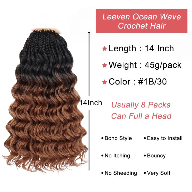 Leeven 14 Inch 8 Packs Curly Crochet Hair Pre Looped Boho Ocean Wave Crochet Hair Black to Brown 2 Tone Short Ocean Braids Pre Twisted Synthetic Deep Wavy Crochet Hair for Women - Image 3