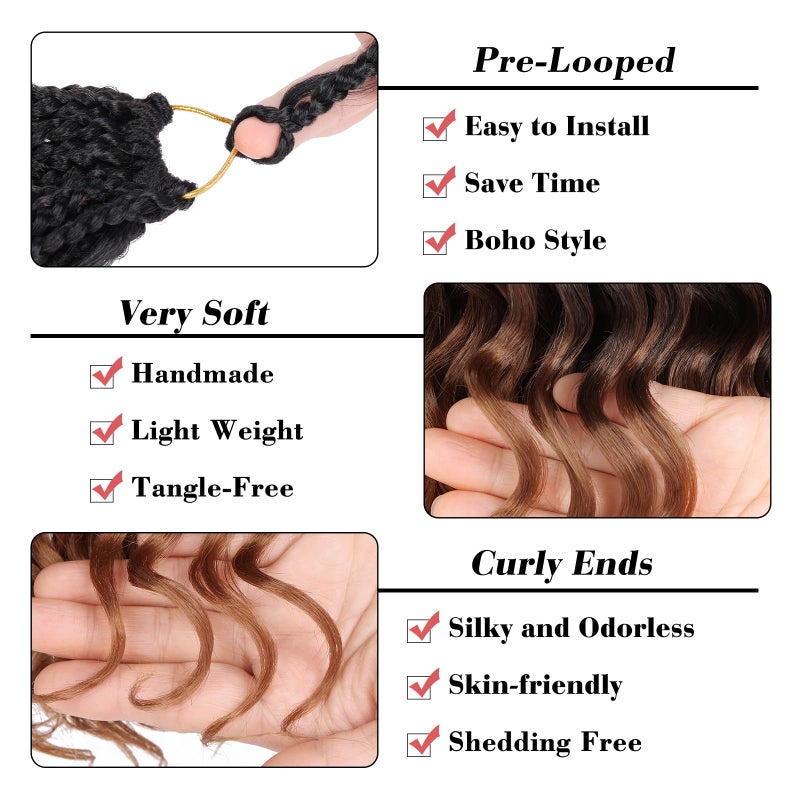 Leeven 14 Inch 8 Packs Curly Crochet Hair Pre Looped Boho Ocean Wave Crochet Hair Black to Brown 2 Tone Short Ocean Braids Pre Twisted Synthetic Deep Wavy Crochet Hair for Women - Image 4
