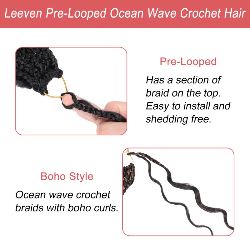 Leeven 14 Inch 8 Packs Curly Crochet Hair Pre Looped Boho Ocean Wave Crochet Hair Black to Brown 2 Tone Short Ocean Braids Pre Twisted Synthetic Deep Wavy Crochet Hair for Women - Image 2