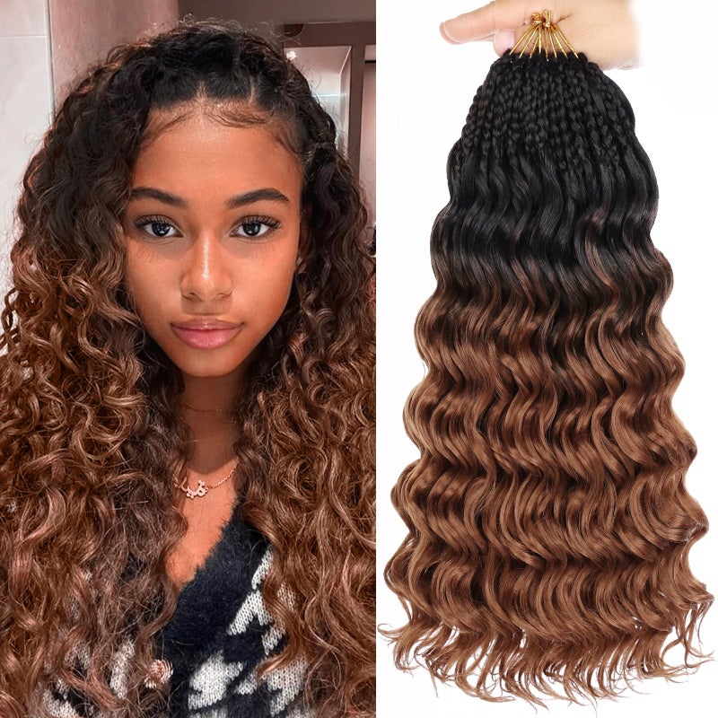 Leeven 14 Inch 8 Packs Curly Crochet Hair Pre Looped Boho Ocean Wave Crochet Hair Black to Brown 2 Tone Short Ocean Braids Pre Twisted Synthetic Deep Wavy Crochet Hair for Women - Image 1