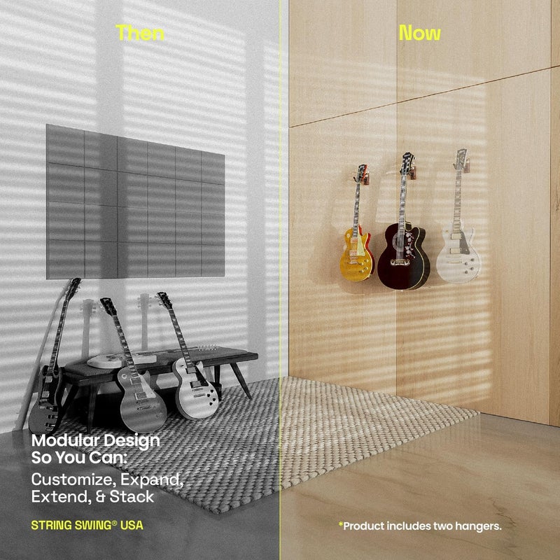 String Swing علاقة جيتار – حامل للجيتارات الكهربائية والصوتية والباس – ملحقات حامل للحائط في المنزل أو الاستوديو – آلات موسيقية آمنة بدون حقائب صلبة – خشب الجوز الأسود الصلب CC01K-BW (عبوة من قطعتين) - Image 2