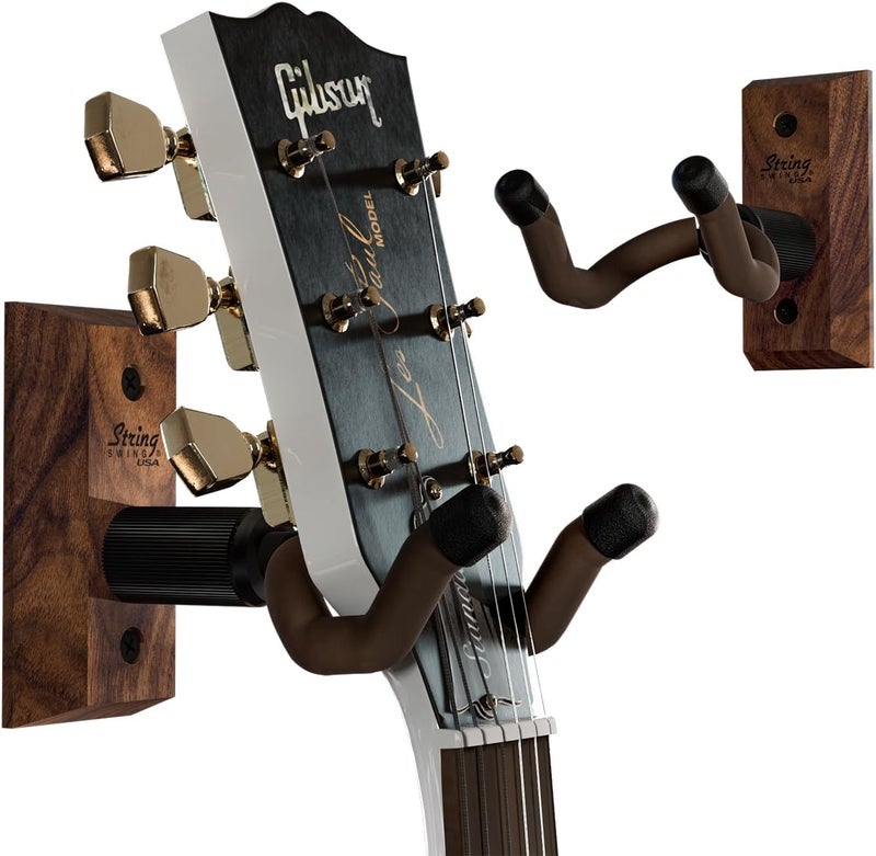 String Swing علاقة جيتار – حامل للجيتارات الكهربائية والصوتية والباس – ملحقات حامل للحائط في المنزل أو الاستوديو – آلات موسيقية آمنة بدون حقائب صلبة – خشب الجوز الأسود الصلب CC01K-BW (عبوة من قطعتين) - Image 1