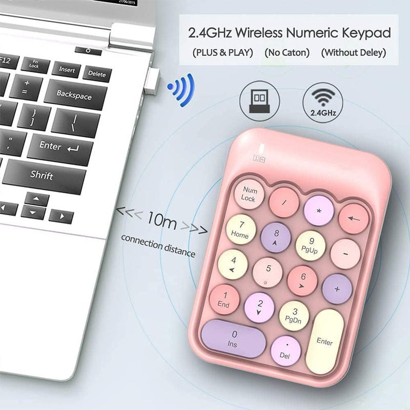 FELICON Wireless Numeric Keypad 18 Keys with 2.4G Mini Portable Silent Number Pad USB Receiver Financial Accounting Keyboard Extensions for Laptop Desktop PC Pro（Pink Mix） - Image 4