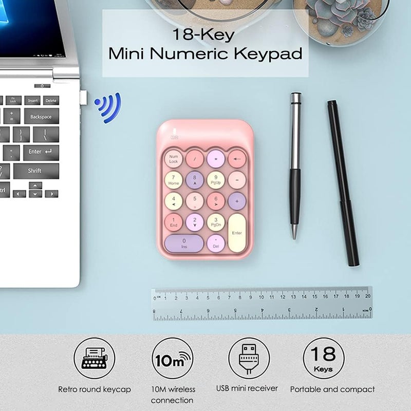 FELICON Wireless Numeric Keypad 18 Keys with 2.4G Mini Portable Silent Number Pad USB Receiver Financial Accounting Keyboard Extensions for Laptop Desktop PC Pro（Pink Mix） - Image 2