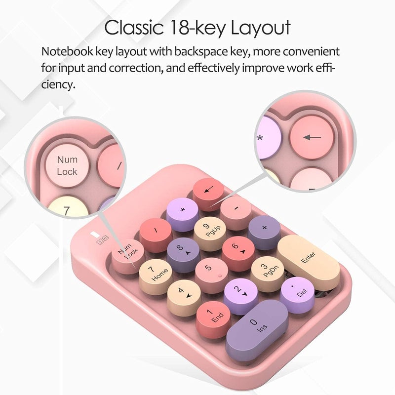 FELICON Wireless Numeric Keypad 18 Keys with 2.4G Mini Portable Silent Number Pad USB Receiver Financial Accounting Keyboard Extensions for Laptop Desktop PC Pro（Pink Mix） - Image 3