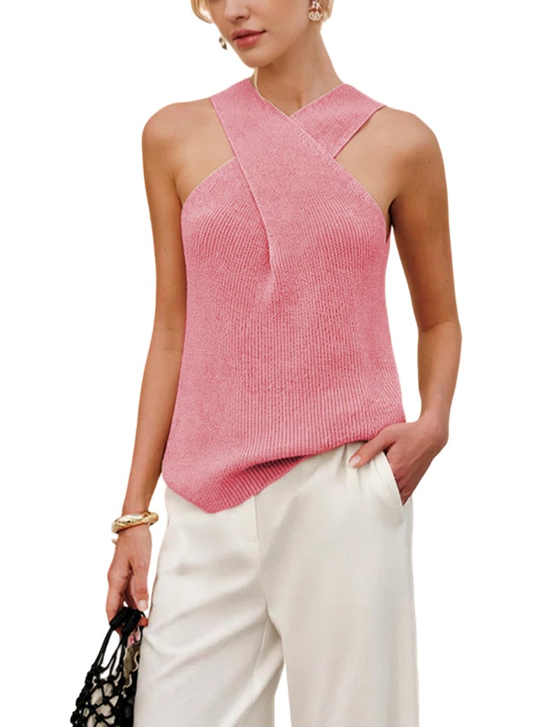 Yeokou Women Halter Cross Over Collar Tank Knit Sleeveless Top Solid Color Casual Summer Blouse(Pink-L) - Image 1