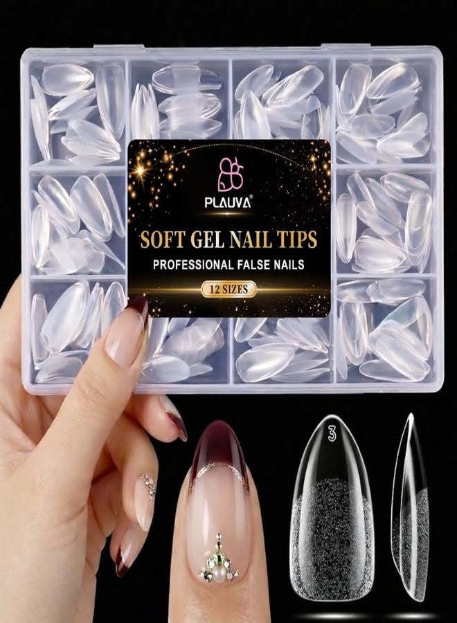 Plauva Short Almond Nail Tips, 216Pcs Soft Gel Acrylic Nail Tips, Pre-Etched Half Matte Clear False Nail Tips, Full Cover Fake Nails for Nail Extension Home DIY Nail Salon 12 Sizes - Image 1