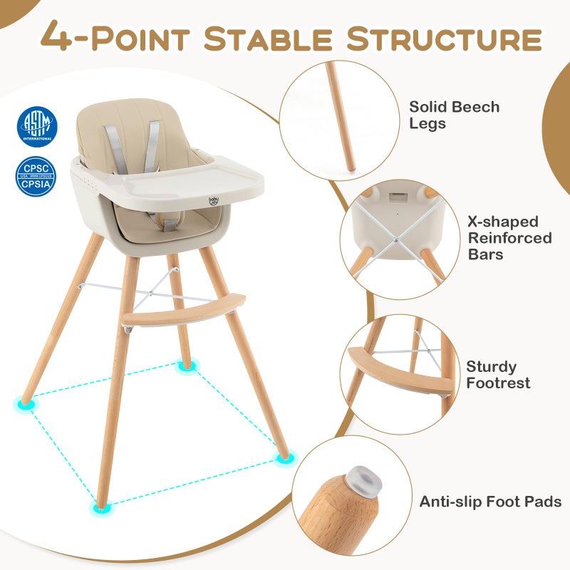 BABY JOY Convertible Baby High Chair, 3 in 1 Wooden Highchair/Booster/Chair with Removable Tray, Adjustable Legs, 5-Point Harness, PU Cushion and Footrest for Baby, Infants, Toddlers (Beige) - Image 5