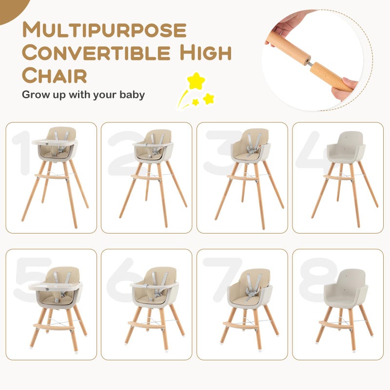BABY JOY Convertible Baby High Chair, 3 in 1 Wooden Highchair/Booster/Chair with Removable Tray, Adjustable Legs, 5-Point Harness, PU Cushion and Footrest for Baby, Infants, Toddlers (Beige) - Image 2