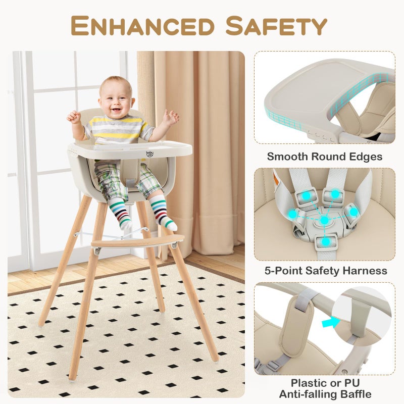 BABY JOY Convertible Baby High Chair, 3 in 1 Wooden Highchair/Booster/Chair with Removable Tray, Adjustable Legs, 5-Point Harness, PU Cushion and Footrest for Baby, Infants, Toddlers (Beige) - Image 4