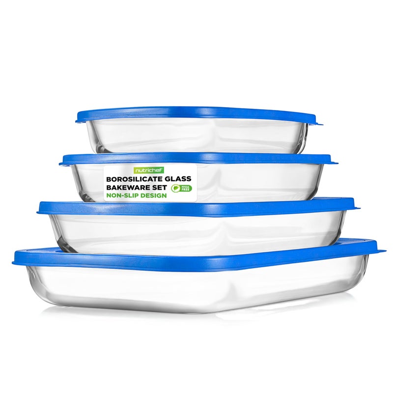 NutriChef 8-Piece Glass Baking Dish Set with Lids, (4 Stackable Rectangular Glass Dish and 4 BPA-Free Lids), Baking Pans for Lasagna, Meatloaf, Casserole, & Leftovers, Cooking, & Dishwasher Safe, Blue - Image 1