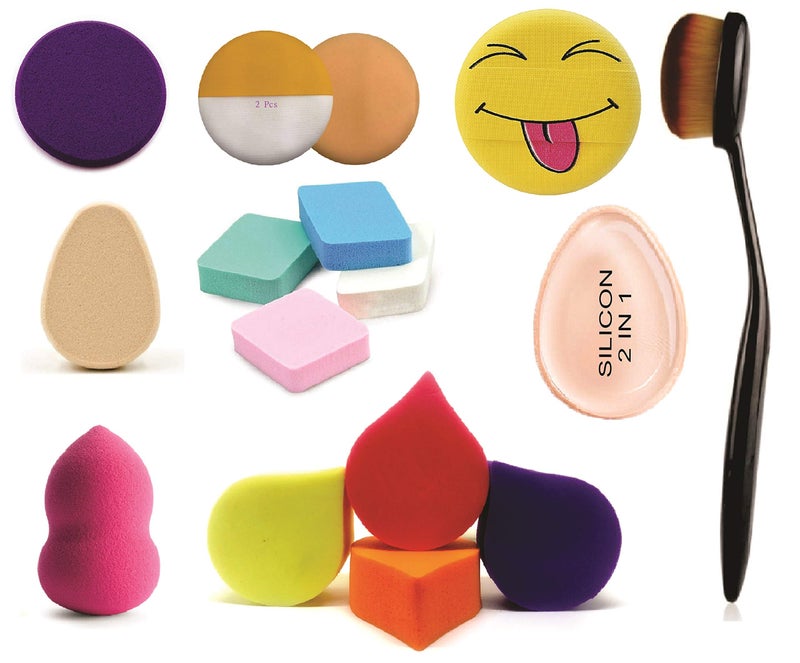 Out Of Box Comprehensive Makeup Blender Combo - 16-Piece Set Including Round Big Puff, Oval Puff, Round Puffs, Blender, Sponges Puff, Silicone 2in1 Puff, Emoji Design Round Puff, Oval Blush Brush for Foundation, Concealer, Powder - Image 1