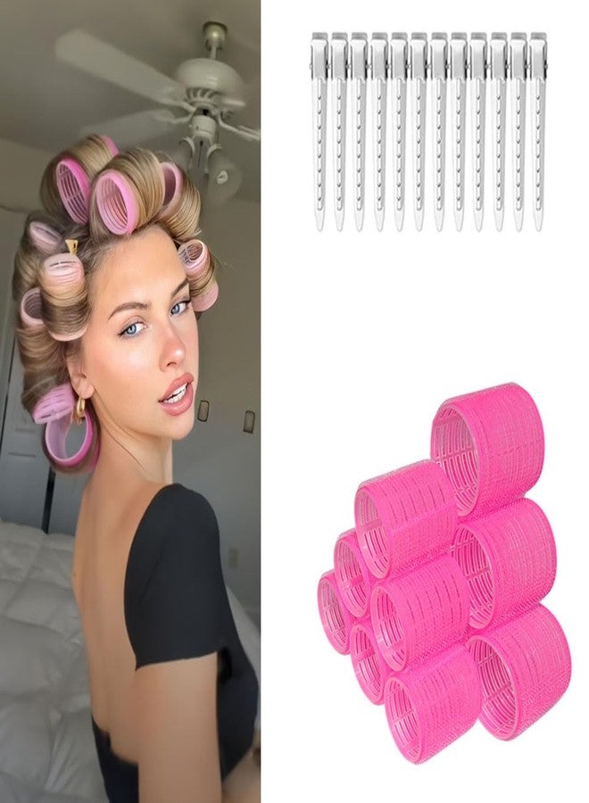 BLUSHIA Hair Curlers Rollers, 12 Pcs Set with 6Pcs Large & 6Pcs Medium Hair Rollers Set with 12Pcs Hair Clips for Long Medium Hair Volume (Pink) - Image 1
