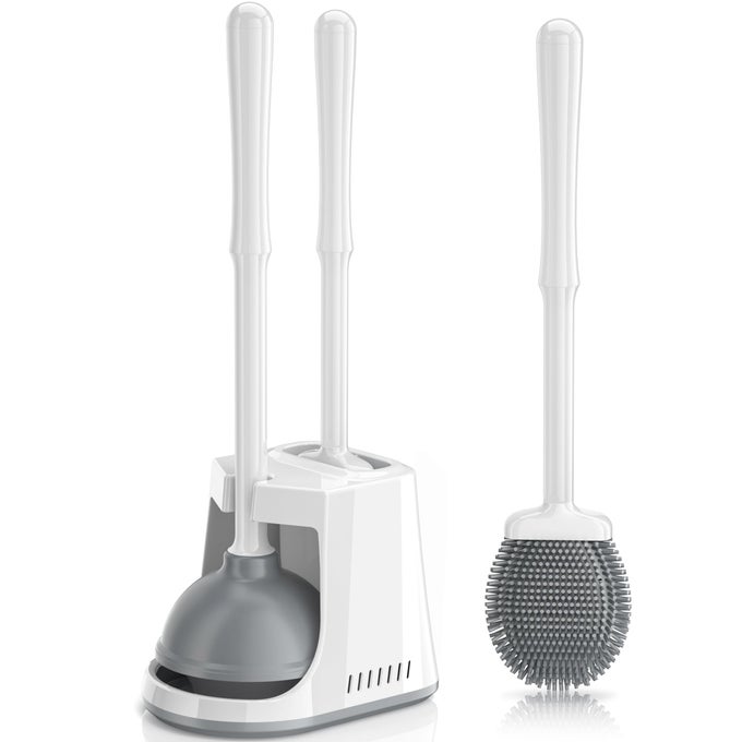 UNIQUE TOILET PLUNGER AND BRUSH SILICONE BRUSH AND HEAVY DUTY TOILET PLUNGER SET WITH VENTILATED HOLDER 2IN1 TOILET BRUSH AND PLUNGER COMBO FOR BATHROOM CLEANINGNEW PACK WHITE