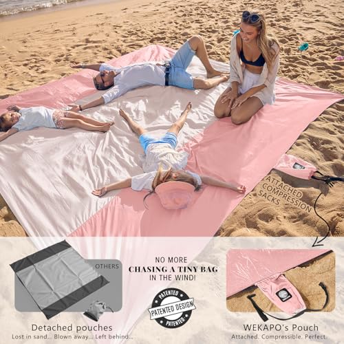 WEKAPO Beach Blanket - Sandproof Waterproof Extra Large Beach Mat | Oversized Sand-Free Lightweight Quick-Drying | Summer Vacation Essentials with Stakes & Corner Pockets (Pink, 9x10 FT) - Image 3