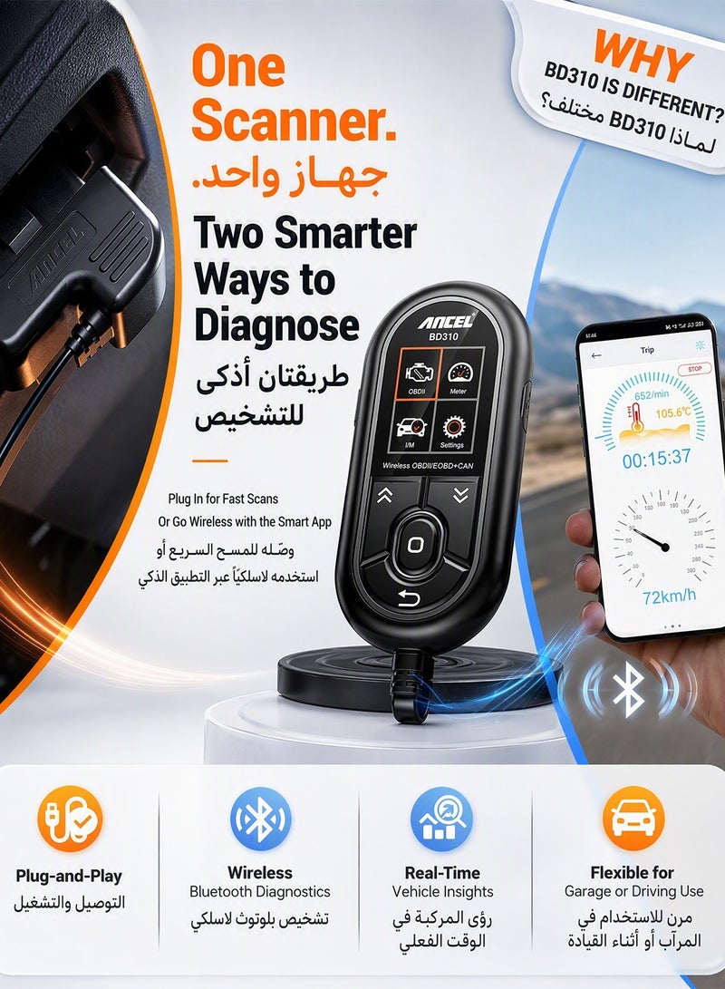 أنسيل جهاز فحص أعطال السيارات ANCEL BD310 بتقنية بلوتوث OBD2، أداة تشخيص أعطال السيارات 2 في 1، قارئ أكواد مع تطبيق، جهاز فحص البطارية، تحليل الرحلات، اختبار الأداء، متوافق مع أجهزة iPhone وAndroid، لجميع المركبات المصنعة عام 1996 وما بعده - Image 5