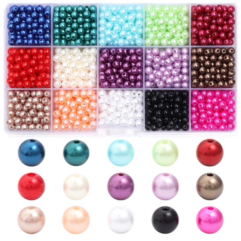 1500PCS Pearl Beads 6mm Loose Pearls for Jewelry Making Small Pearls Beads with Holes for Craft Bracelet Necklace Making 15 Colors Mixed 1 Box