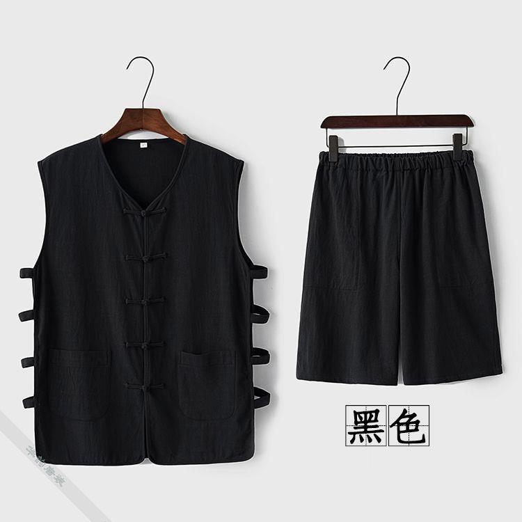 Summer Tang suit mens thin vest mandarin jacket buckle vest shorts suit linen Chinese style old head shirt waistcoat vintage D.Green - Image 4