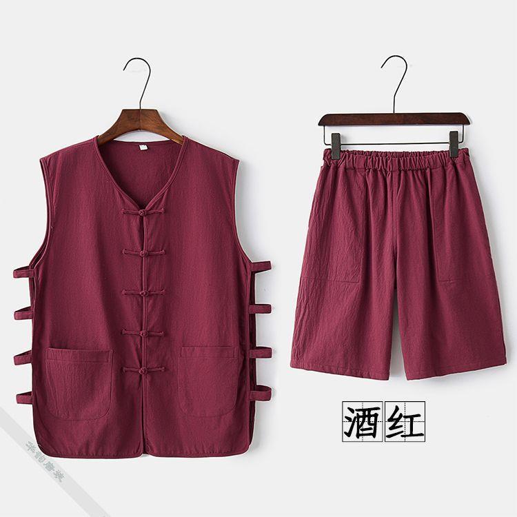 Summer Tang suit mens thin vest mandarin jacket buckle vest shorts suit linen Chinese style old head shirt waistcoat vintage D.Green - Image 3